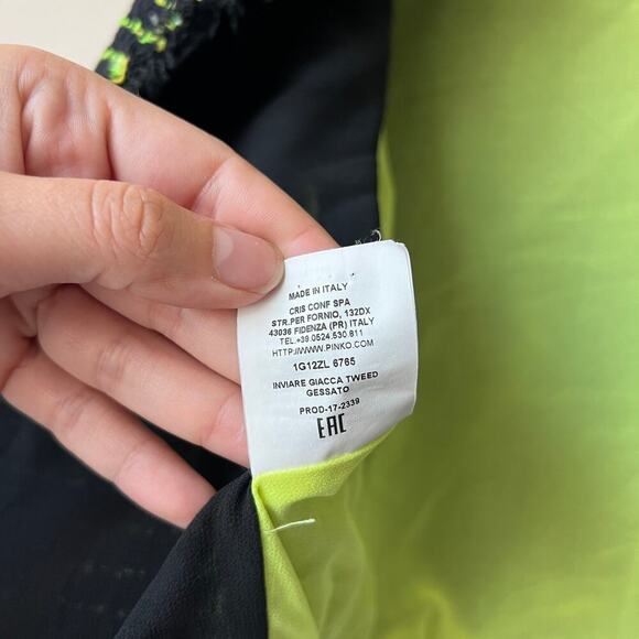 Pinko Black Neon Green Tweed Stripe Fringe Blazer Jacket Size US 4 - Picture 7 of 7